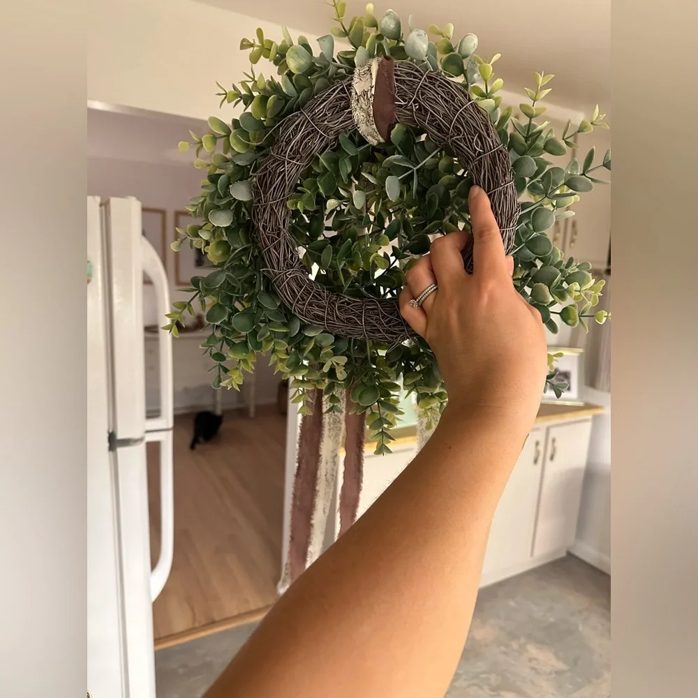 Greenery Wreath with Brown and Cream Ribbon